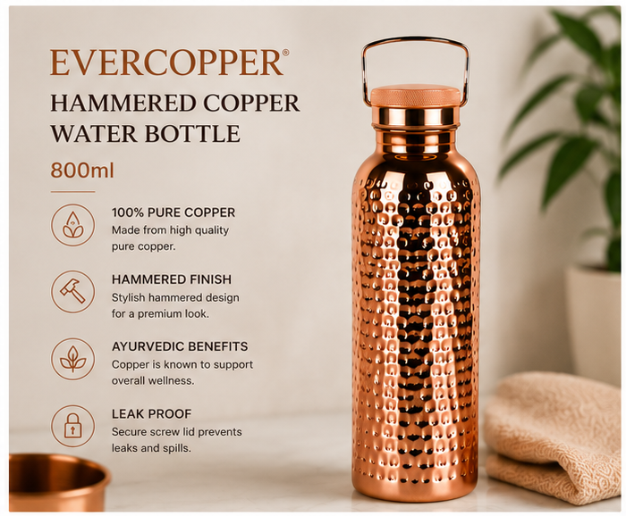 Pure Copper Water Bottle | 800ml Ayurvedic Hammered Copper Bottle