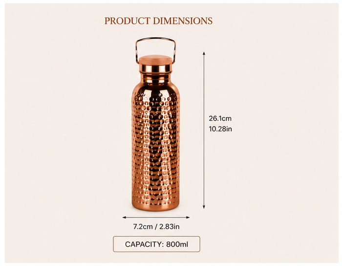 Pure Copper Water Bottle | 800ml Ayurvedic Hammered Copper Bottle