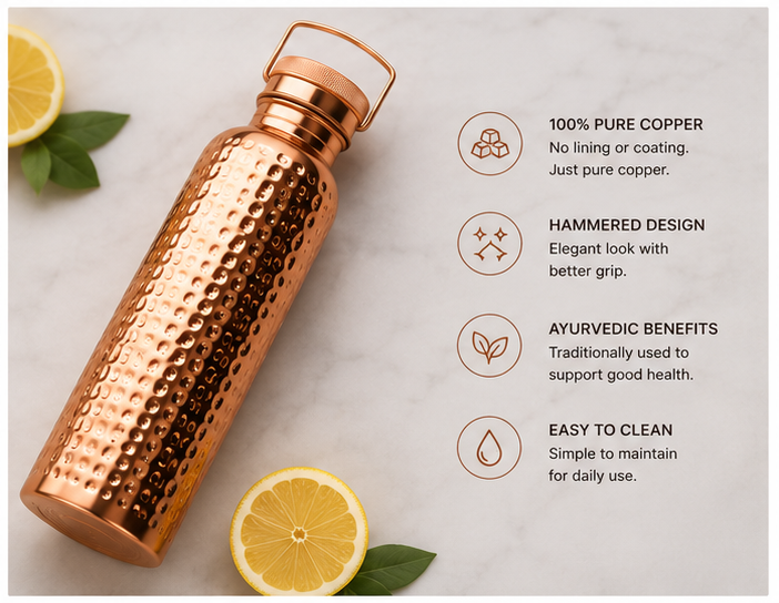 Pure Copper Water Bottle | 800ml Ayurvedic Hammered Copper Bottle